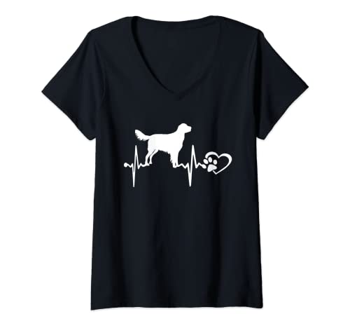 Damen Flat-coated Retriever Dog Heartbeat Paw Love Funny Puppy T-Shirt mit V-Ausschnitt von Flat-coated Retriever Dog Paw Heartbeat Puppy