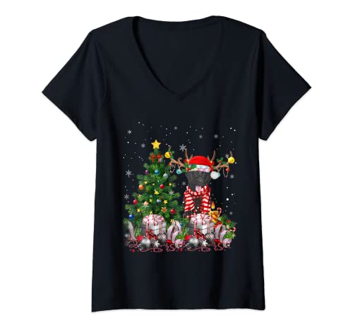 Damen Flach beschichteter Retriever Weihnachtsbaum-Schlafanzug mit Weihnachtsbaum-Lichtern T-Shirt mit V-Ausschnitt von Flat-coated Retriever Lover Christmas Gifts Co