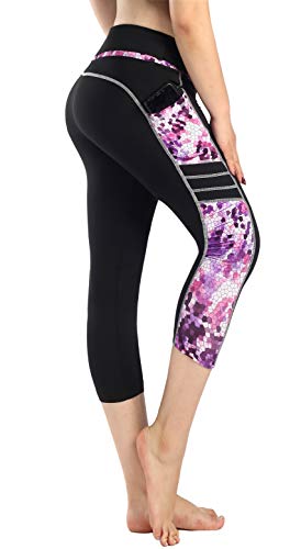 Flatik Damen 3/4 hoher Bund Sport Leggings Sporthose Fitnesshose Training Tights Sporthose für Damen(Lila Geometrie L) von Flatik