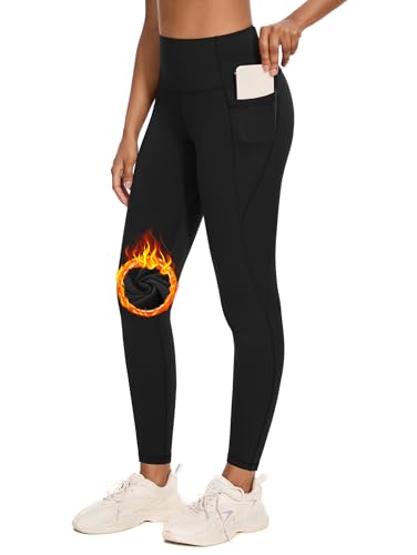 Flatik Damen Fleece Winter Thermo Leggings, Damen Sport Leggings Winter Hohe Taille Fleece Gefüttert Blickdicht Bauchkontrolle Yogahose Sporthose mit Taschen L von Flatik