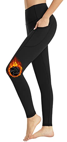 Flatik Damen Fleece Winter Thermo Leggings, Damen Sport Leggings Winter Hohe Taille Fleece Gefüttert Blickdicht Bauchkontrolle Yogahose Sporthose mit Taschen XL von Flatik