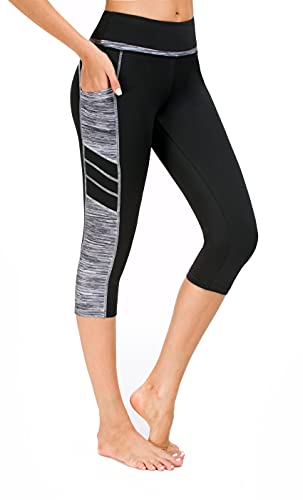 Flatik Damen Netzoberfläche Sport Gym Yoga Laufen Fitness Leggings Hose, Schwarz Grau(3/4 Capri), L von Flatik