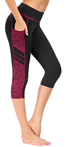 Flatik Damen Netzoberfläche Sport Gym Yoga Laufen Fitness Leggings Hose, Schwarz Rot(3/4 Capri), L von Flatik