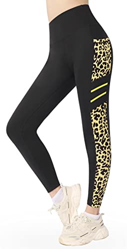 Flatik Sport Leggings Damen Damen Sporthose，Damen Blickdicht Laufhose，yogahose Sporthose Leggings Fitnesshose Training Laufende Leggings XXL, Schwarz/Gelber Leopardenmuster von Flatik