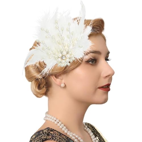 Flayem 1920er Jahre Feder Haarspange Fascinator Gastby Blume Strass Perle Abschlussball Kostüm Haarschmuck für Frauen (Weiß-A) von Flayem