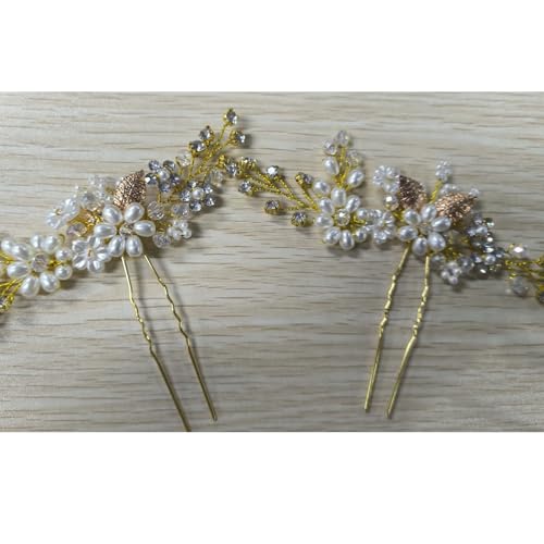 Flayem 2 Stück Golden Hochzeit Haarschmuck,Perlen Haarspangen,Blume Braut Haarnadel von Flayem