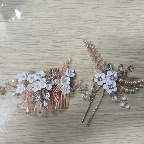 Flayem 2 Stück Haarkamm Braut Hochzeit,Kristall Seitenkamm Blume Haarschmuck,Perlen Haarspangen von Flayem