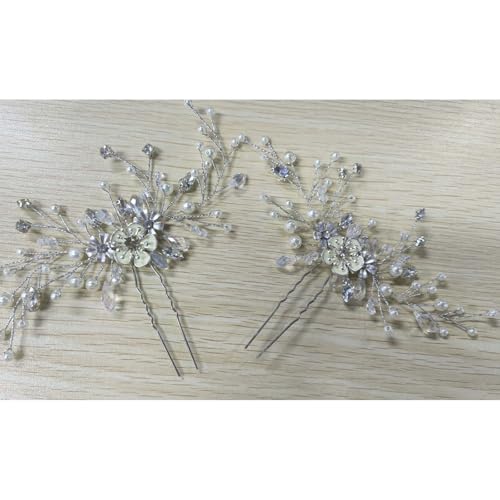 Flayem 2 Stück Hochzeit Haarschmuck,Silber Perlen Haarspangen,Blume Strass Braut Haarnadel von Flayem