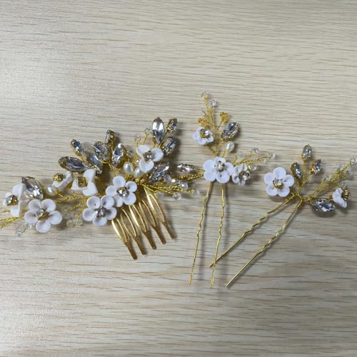 Flayem 3 Stück Haarschmuck Hochzeit Braut,Gold Haarkamm Kristall,Blume Haarspangen von Flayem