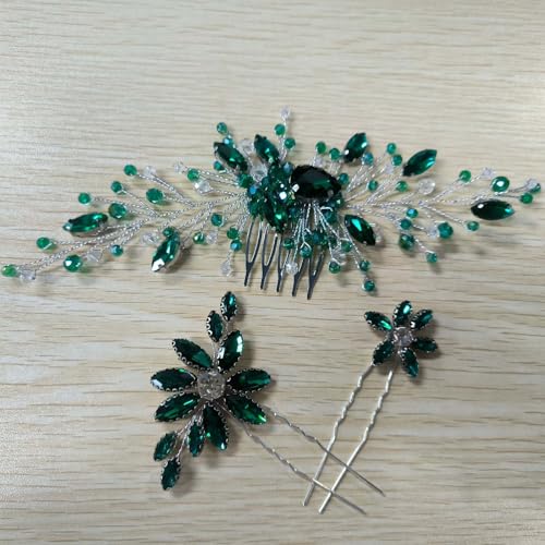 Flayem 3 Stück Haarschmuck Hochzeit Braut,Grün Haarkamm Kristall, Funkelnde Strasssteine Blatt von Flayem