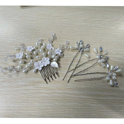 Flayem 3 Stück Silber Haarschmuck Hochzeit Braut,Kristall Seitenkamm,Blume Perlen Haarspangen von Flayem
