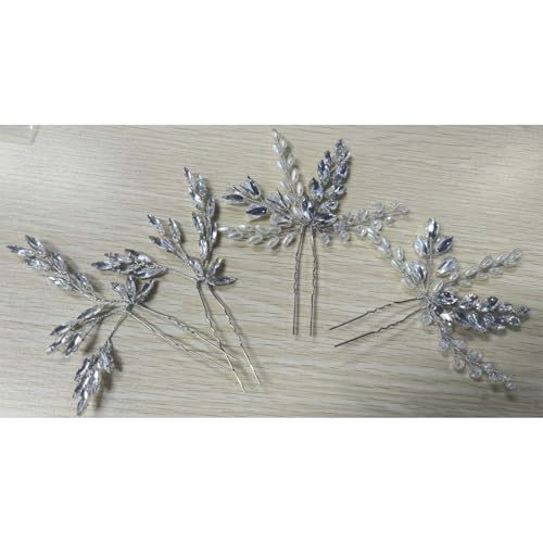 Flayem 4 Stück Hochzeit Haarschmuck,Silber Strasssteine Blatt Haarspangen,Braut Haarnadel von Flayem