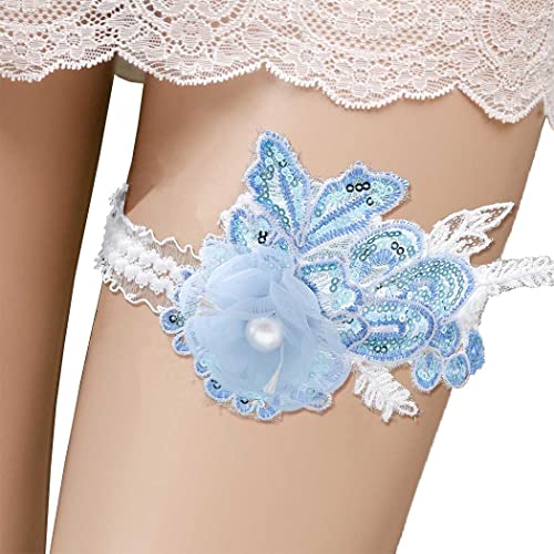 Flayem Braut Blau Strumpfbänder Hochzeit Beinband Strumpfband Blau Brautblaue Elastische Oberschenkelschlaufe aus Spitze für Braut Brautjungfer(1pcs) von Flayem