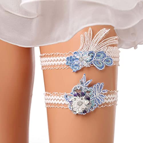 Flayem Braut Blau Strumpfbänder Hochzeit Beinband Strumpfband Blau Brautblaue Elastische Oberschenkelschlaufe aus Spitze für Braut Brautjungfer(2pcs) von Flayem