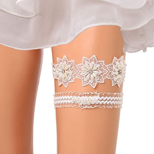 Flayem Hochzeit Beinband Braut Strumpfbänder Strumpfband Weiß Strass Brautblaue Elastische Oberschenkelschlaufe aus Spitze für Braut Brautjungfer(2pcs) von Flayem