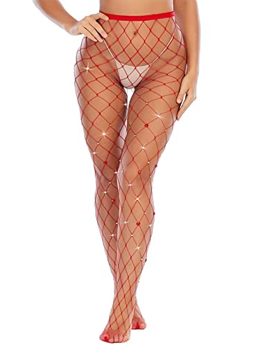 Flayem Damen-Netzstrümpfe rot glitzernd Strass Herz hohe Taille Strumpfhose sexy Netzstoff Oberschenkelhohe Strumpfhose von Flayem