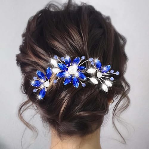 Flayem Haarschmuck Blau Braut Hochzeit Haarnadeln Blaue Strass Perlen von Flayem