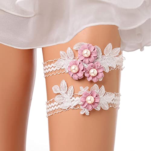Flayem Hochzeit Beinband Strumpfband Weiß Blume Braut Strumpfbänder Brautblaue Elastische Oberschenkelschlaufe aus Spitze für Braut Brautjungfer(2pcs) von Flayem