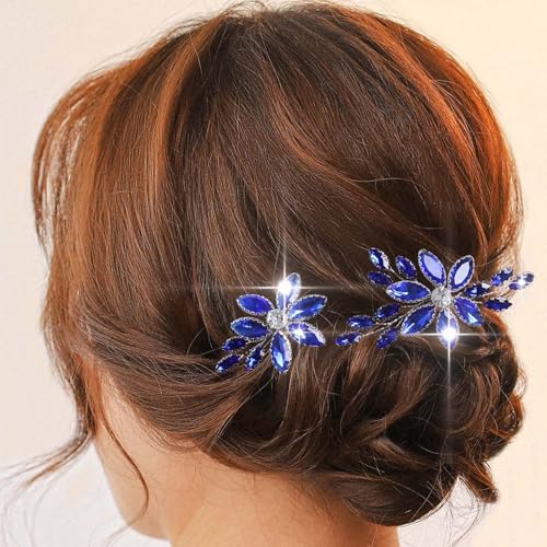 Flayem Haarschmuck Blau Haarnadeln Hochzeit Strass Braut Kristall Haarspangen für Braut （2Stück） von Flayem
