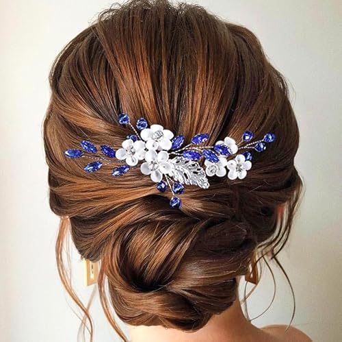 Flayem Haarschmuck Blau Silber Haarspange Blume Hochzeit Braut Haarnadeln Kristall (2Stück) von Flayem