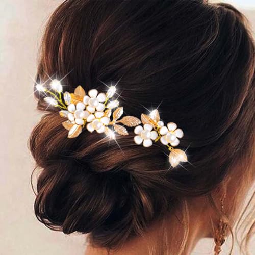 Flayem Goldene Haarnadeln mit Perlenblüten, Kristallverzierung, Hochzeit Haarschmuck, 2 Stück von Flayem