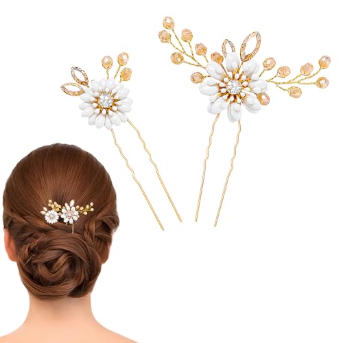 Flayem Hochzeit Haarnadeln Braut Blume Haarschmuck Golden Kristall Haarspangen für Braut und Brautjungfern（2Stück） von Flayem