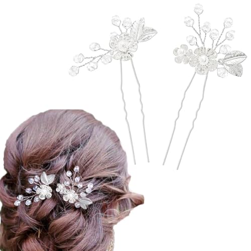 Flayem Hochzeit Haarnadeln Braut Blume Haarschmuck Silber Kristall Haarspangen für Braut und Brautjungfern（2Stück） von Flayem