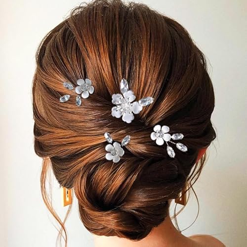 Flayem Hochzeit Haarnadeln Braut Blume Haarschmuck Silber Kristall Haarspangen für Braut und Brautjungfern（4Stück） von Flayem