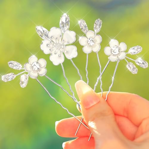 Flayem Kristall Haarnadeln für die Braut, 4 Stück, Weiße Blumen Design, Silberfarbig von Flayem