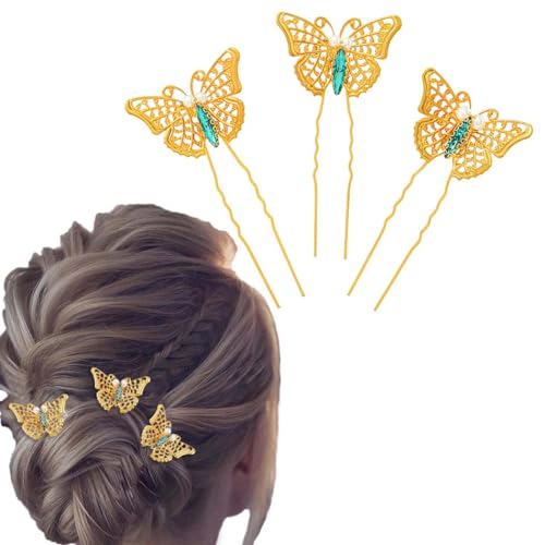 Flayem Hochzeit Haarnadeln Braut Golden Schmetterling Haarschmuck Grünem Kristall Haarspangen Perlenhaar Accessoires für Braut und Brautjungfern（3Stück） von Flayem