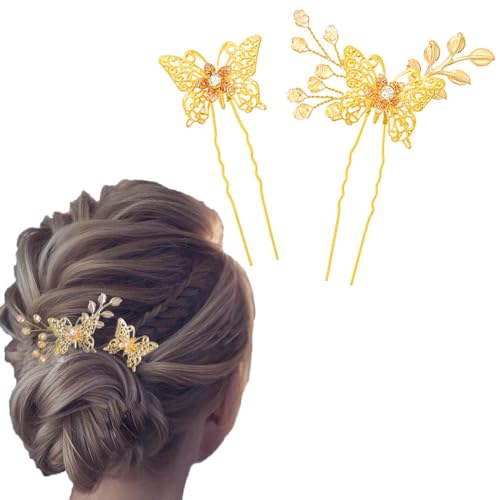 Flayem Hochzeit Haarnadeln Braut Golden Schmetterling Haarschmuck Kristall Haarspangen für Braut und Brautjungfern（2Stück） von Flayem