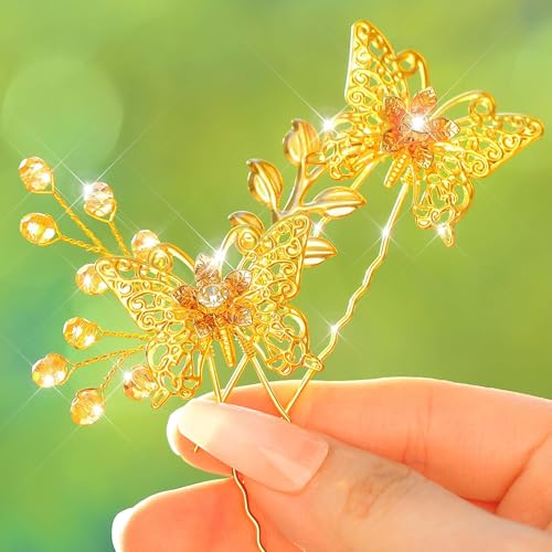 Flayem Hochzeit Haarnadeln Braut Golden Schmetterling Haarschmuck Kristall Haarspangen für Braut und Brautjungfern（2Stück） von Flayem