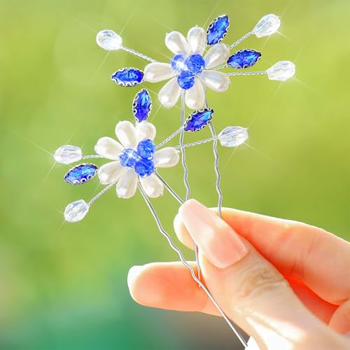 Flayem Elegante Haarnadeln mit Perlen und Kristallen, Blumendesign in Blau und Weiß, Hochzeit Haarschmuck von Flayem