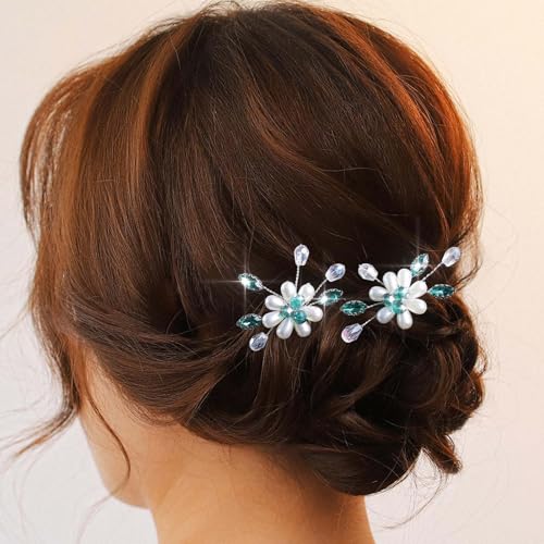 Flayem Grünem Perle Haarnadeln Hochzeit Braut Kristall Hochzeit Haarschmuck(2Stück) von Flayem