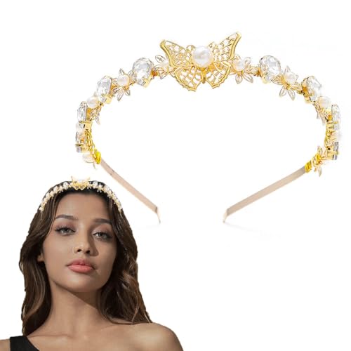 Flayem Kristall Schmetterling Haarband Gold Strass Perle Hairhoop Braut Stirnband Hochzeit Kopfschmuck für Frauen und Mädchen, Kristall Perle Strass von Flayem