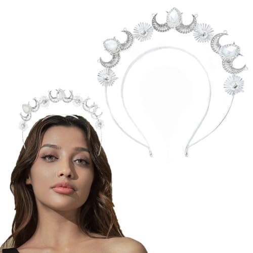 Flayem Mary Halo Stirnband Glitzernde Kristall Krone Silber Mond Kopfschmuck Strass Kronen Cosplay Party Prinzessin Tiaras Festival Haarreifen Zubehör für Frauen und Mädchen von Flayem