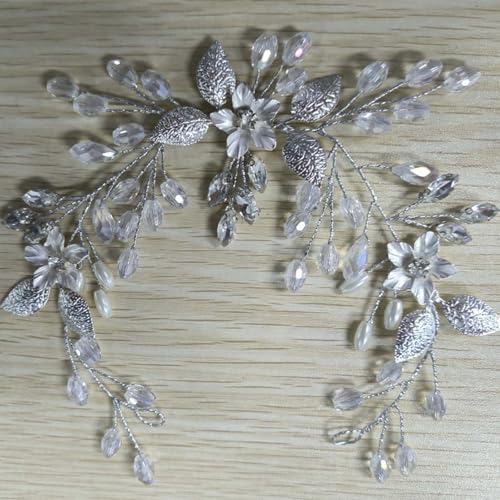 Flayem Silber Haarschmuck Hochzeit,Leaf Braut Kopfschmuck,Kristall Perlen Blumenkranz von Flayem