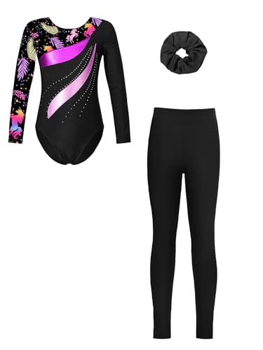 Fldy 3er Mädchen Turnanzug Langarm Mit Hose Lang Kinder Beduckte Gymnastik Body Leggings Und Haargummi Wettkampf Tanzkleidung Schwarz 110-116 von Fldy