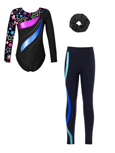 Fldy 3er Mädchen Turnanzug Langarm Mit Hose Lang Kinder Beduckte Gymnastik Body Leggings Und Haargummi Wettkampf Tanzkleidung Stern&Schwarz&Blau 122-128 von Fldy