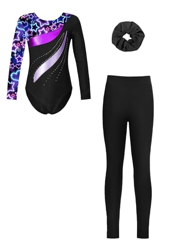 Fldy 3er Mädchen Turnanzug Langarm Mit Hose Lang Kinder Beduckte Gymnastik Body Leggings Und Haargummi Wettkampf Tanzkleidung Sternenhimmel&Schwarz 134-140 von Fldy