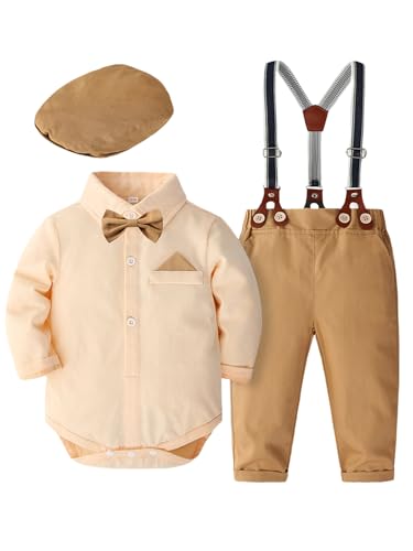 Fldy Baby Jungen Kleidung Set Festlich Fliege Strampler Hosenträger Hose Und Mütze 3tlg Set Für Hochzeit Taufe Party 0-24 Monate Champagne 80-86 von Fldy