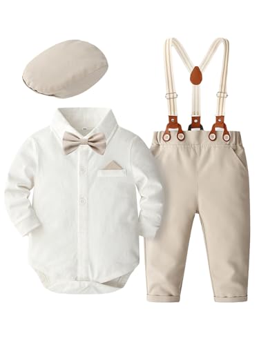 Fldy Baby Jungen Kleidung Set Festlich Fliege Strampler Hosenträger Hose Und Mütze 3tlg Set Für Hochzeit Taufe Party 0-24 Monate Cremeweiß 62-68 von Fldy
