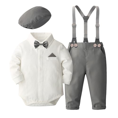 Fldy Baby Jungen Kleidung Set Festlich Fliege Strampler Hosenträger Hose Und Mütze 3tlg Set Für Hochzeit Taufe Party 0-24 Monate Silber 86-92 von Fldy