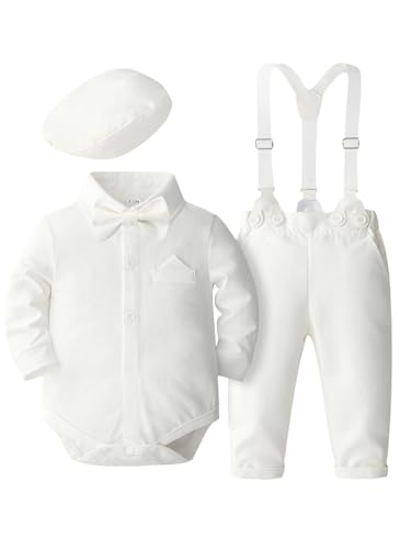 Fldy Baby Jungen Kleidung Set Festlich Fliege Strampler Hosenträger Hose Und Mütze 3tlg Set Für Hochzeit Taufe Party 0-24 Monate Weiß 62-68 von Fldy