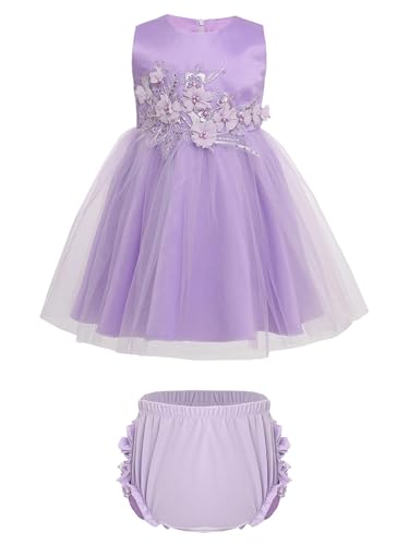 Fldy Baby Mädchen Festliches Kleid 3D Blumen Perlen Tüll Geburtstag Partykleid Hochzeit Brautjungfernkleid Mit Shorts Violett 86-92 von Fldy