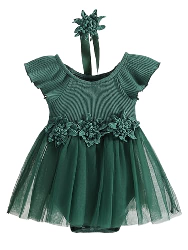 Fldy Baby Mädchen Prinzessin Kleid Flügelärmel Blumen Strampler Tüll Tütü Rock Und Stirnband Set Für Hochzeit Taufe Grün 50-62 von Fldy