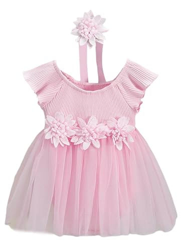 Fldy Baby Mädchen Prinzessin Kleid Flügelärmel Blumen Strampler Tüll Tütü Rock Und Stirnband Set Für Hochzeit Taufe Rosa 74-80 von Fldy
