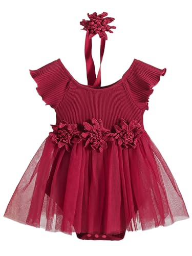 Fldy Baby Mädchen Prinzessin Kleid Flügelärmel Blumen Strampler Tüll Tütü Rock Und Stirnband Set Für Hochzeit Taufe Rot 50-62 von Fldy