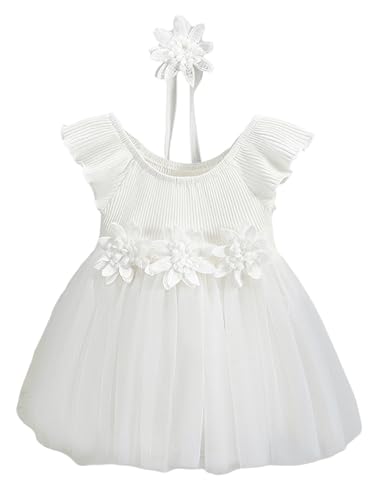 Fldy Baby Mädchen Prinzessin Kleid Flügelärmel Blumen Strampler Tüll Tütü Rock Und Stirnband Set Für Hochzeit Taufe Weiß 74-80 von Fldy