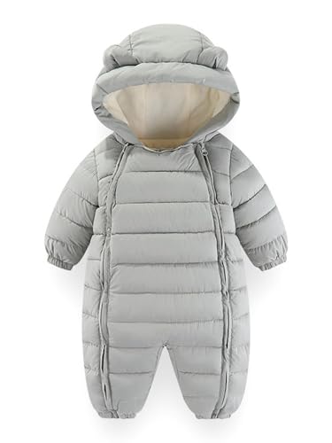 Fldy Baby Schneeanzug Jungen Mädchen Winter Overall Langarm Fleece Gefütterte Jumpsuit Mit Süße Ohren-Kapuze Warm Winddicht Silber-grau 80-86 von Fldy